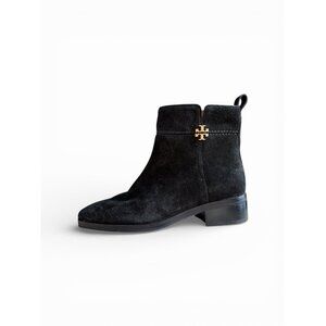 TORY BURCH Everly Ankle Boots Gold Logo Black Suede Side Zip US 8 Was $438